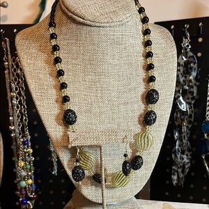 Elegant Black and Gold Glass Beaded Necklace & Earrings